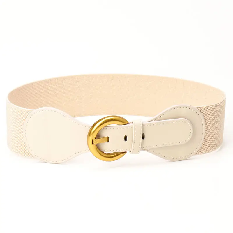 Women's Elastic Belt with Gold Buckle Black & White - Image 2