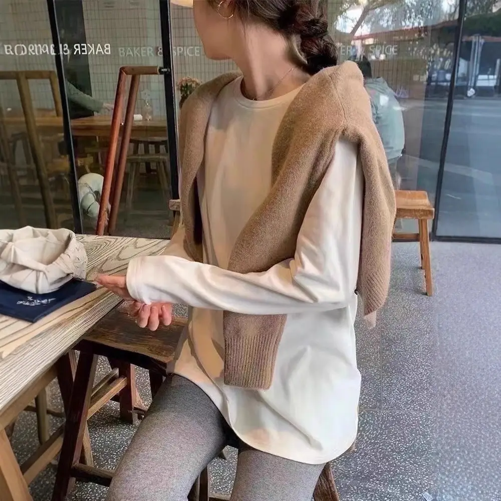 MJUNLQIOU Home Youjia Long Sleeve Base Shirt Black and White T-Shirt Cotton All-match Unisex Collar with Logo White