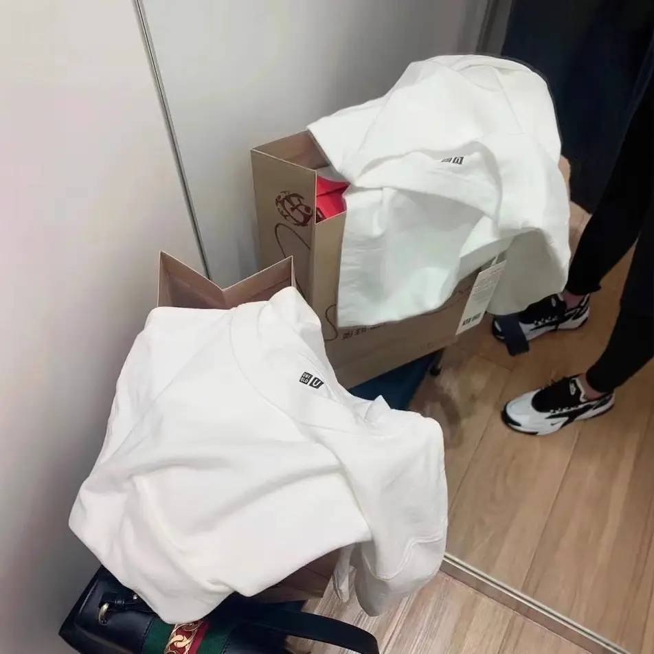MJUNLQIOU Home Youjia Long Sleeve Base Shirt Black and White T-Shirt Cotton All-match Unisex Collar with Logo White