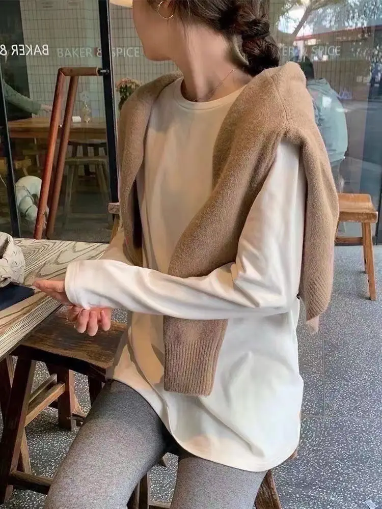 MJUNLQIOU Home Youjia Long Sleeve Base Shirt Black and White T-Shirt Cotton All-match Unisex Collar with Logo White — feature 15