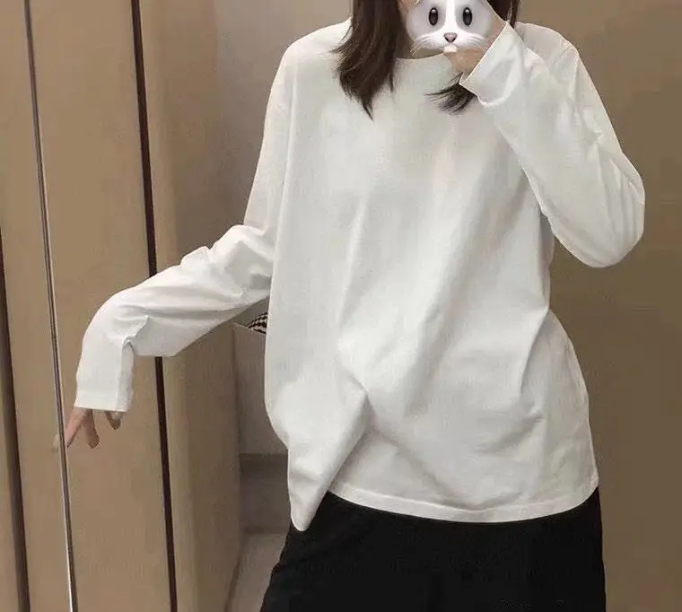 MJUNLQIOU Home Youjia Long Sleeve Base Shirt Black and White T-Shirt Cotton All-match Unisex Collar with Logo White — feature 9