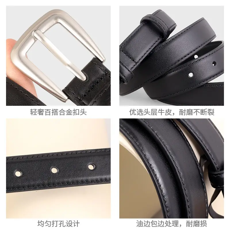 Black Genuine Leather Women's Belt with Korean Pin Buckle - Image 6