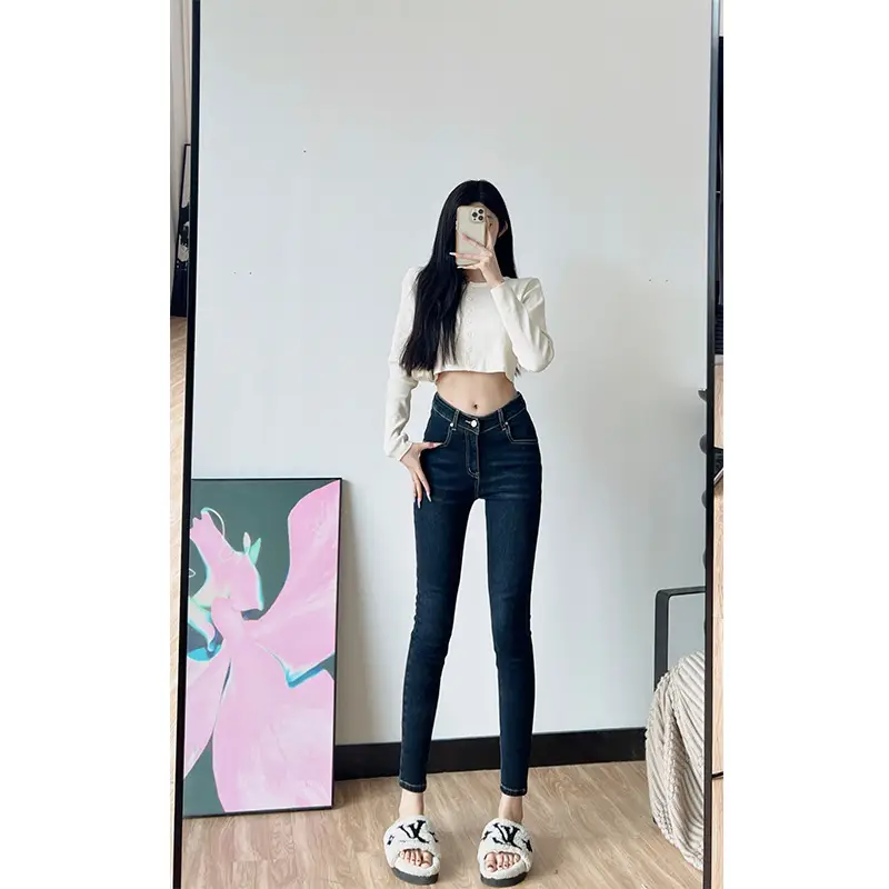 Women Fleece Cropped Jeans Dark Blue Slim Fit