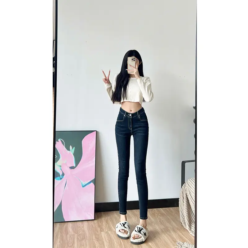 Women Fleece Cropped Jeans Dark Blue Slim Fit