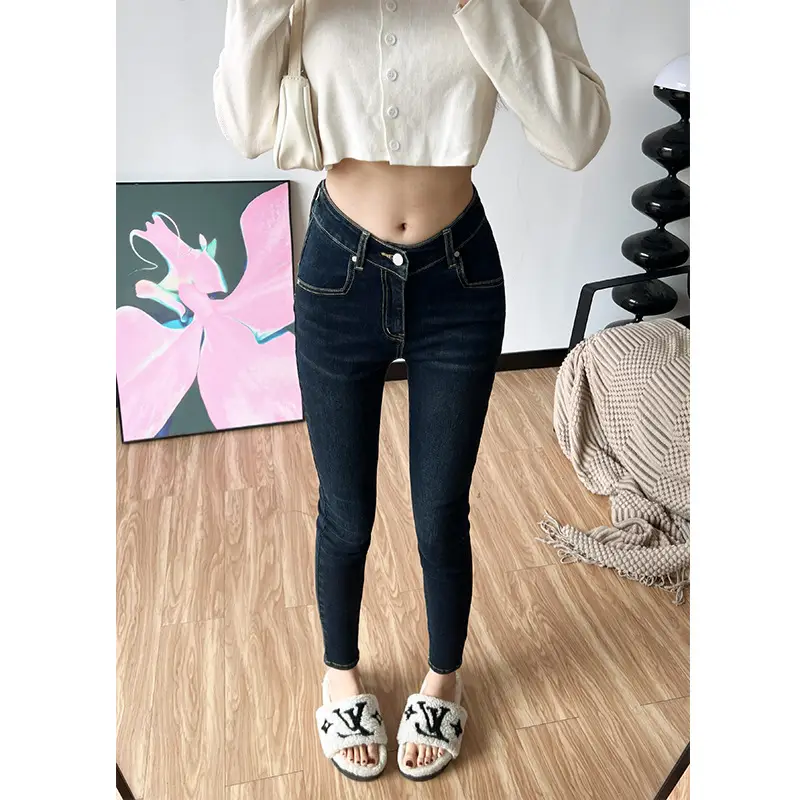 Women Fleece Cropped Jeans Dark Blue Slim Fit