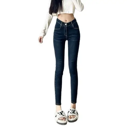 Women Fleece Cropped Jeans Dark Blue Slim Fit