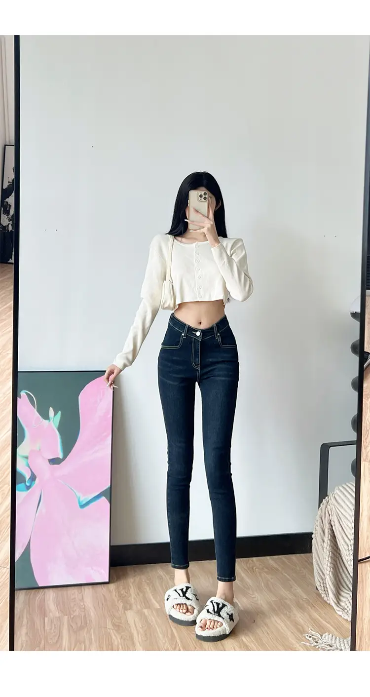 Women Fleece Cropped Jeans Dark Blue Slim Fit — feature 10