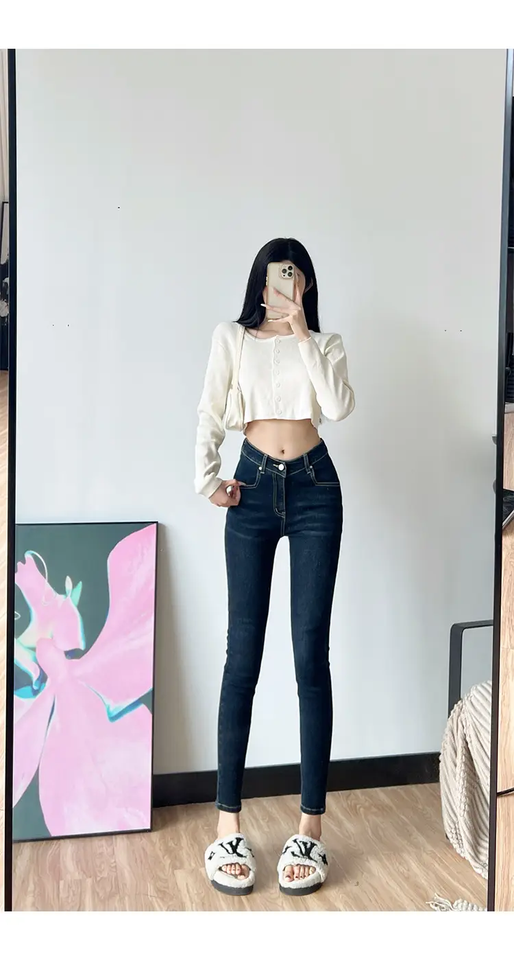 Women Fleece Cropped Jeans Dark Blue Slim Fit — feature 11