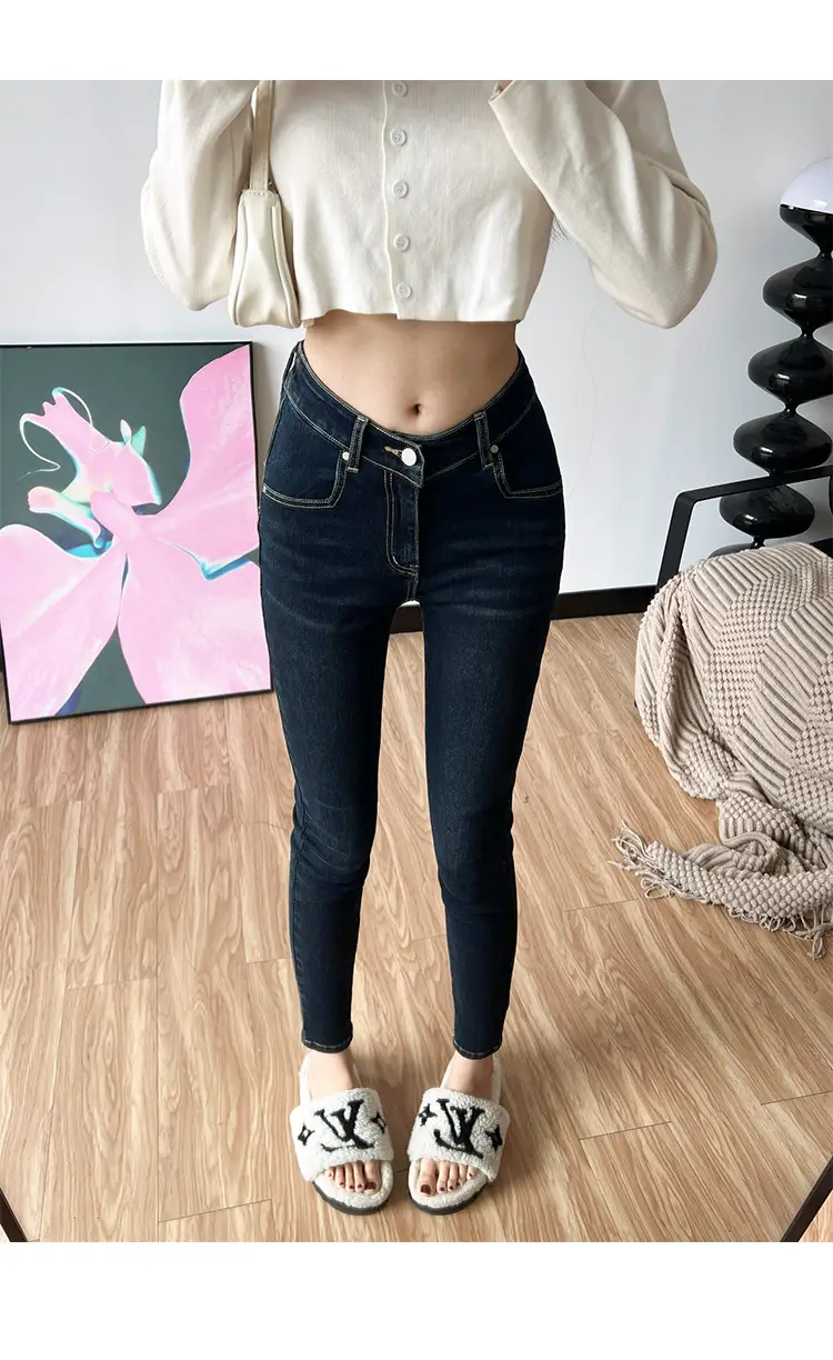 Women Fleece Cropped Jeans Dark Blue Slim Fit — feature 6