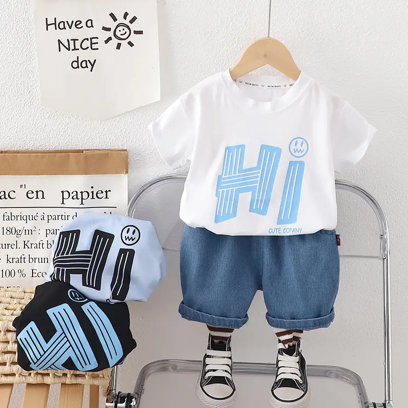 Children Cotton Letter T-Shirt Shorts Set Black Blue — feature 2