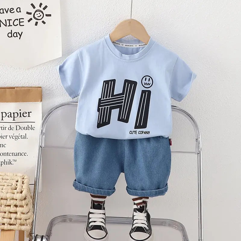 Children Cotton Letter T-Shirt Shorts Set Black Blue — feature 4
