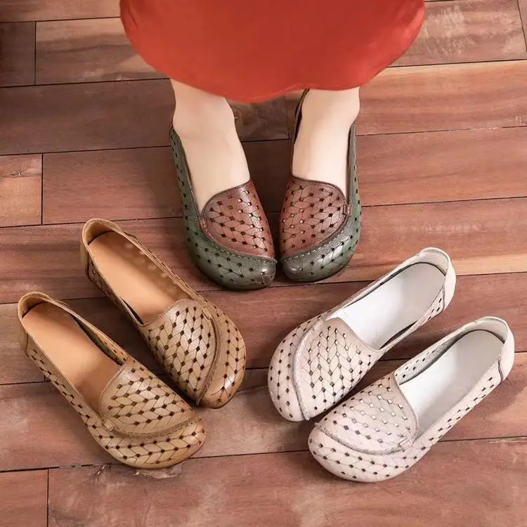 2025 Spring and Summer New Leather Sandals Women's Vintage Hollow Breathable Beef Sole Non-Slip Hole Shoes Flat Moms Shoes — feature 12