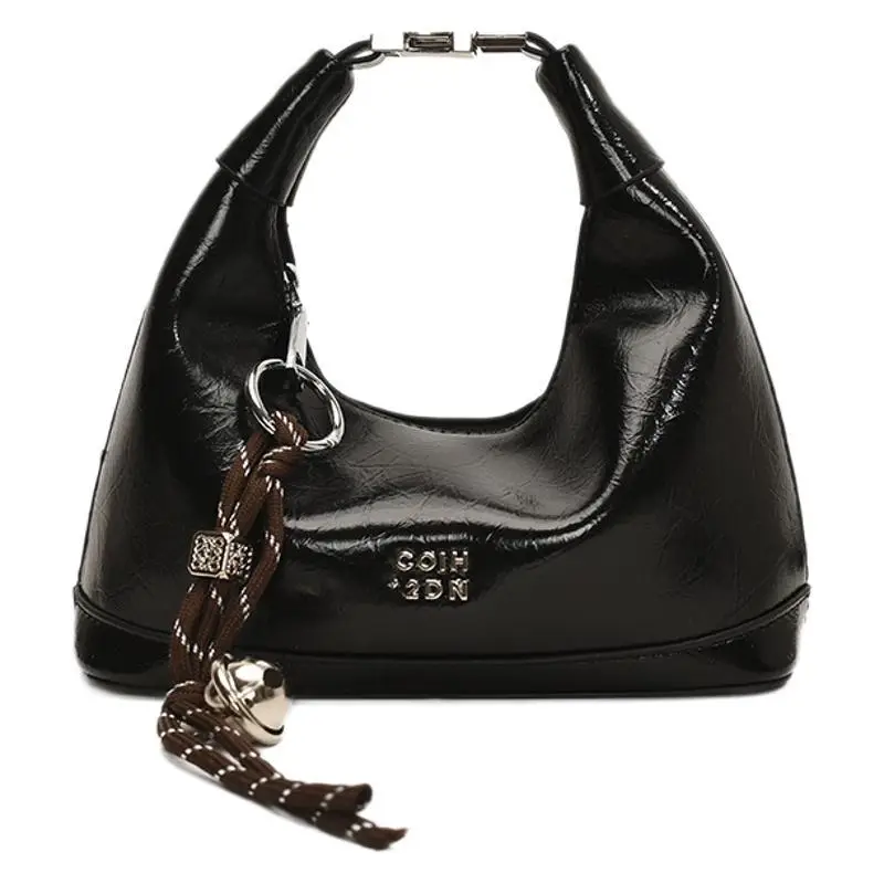 Black Leather Pea Bag with Gold Handle for Women - Image 10