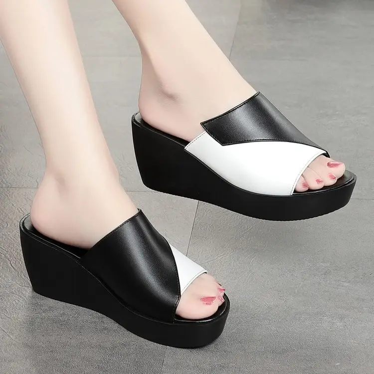 Women's Black White Fish Toe Wedge Sandals Summer - Image 5