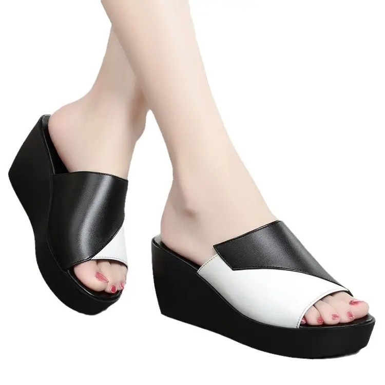 Women's Black White Fish Toe Wedge Sandals Summer - Image 6
