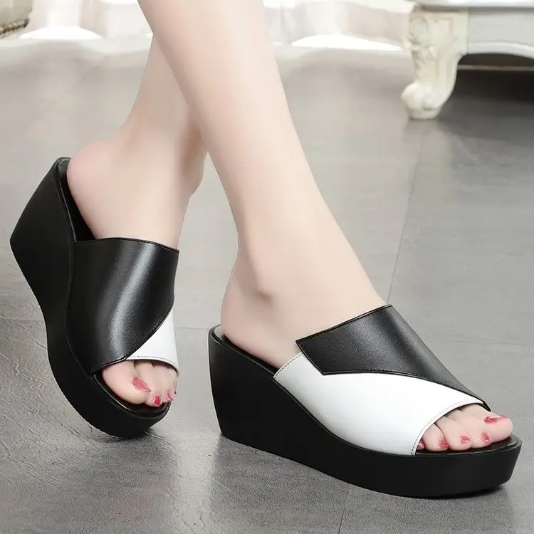 Women's Black White Fish Toe Wedge Sandals Summer — feature 4