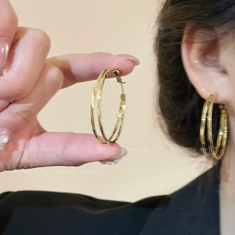 Gold 2-Circle Hanger Earrings for Women