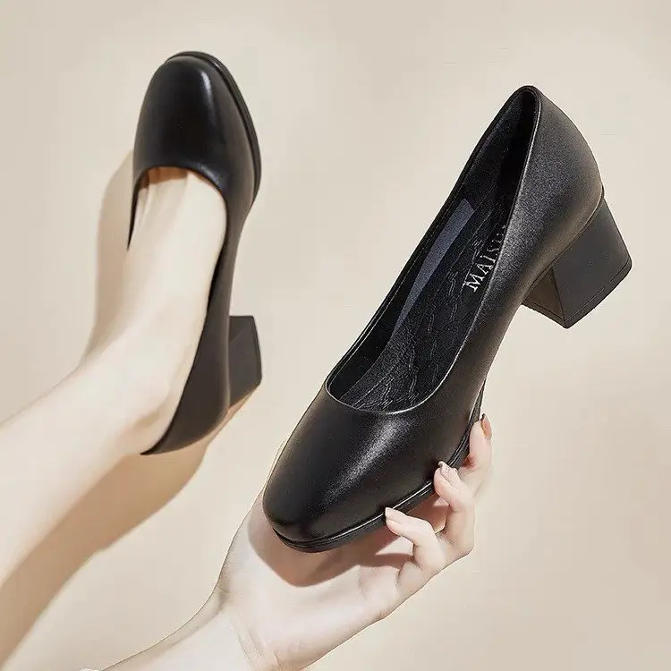 Not Tired Feet Comfortable High Heels 2025 Spring New Thick Heel French Single-layer Shoes Women's Shallow Mouth Elegant Black Work Shoes