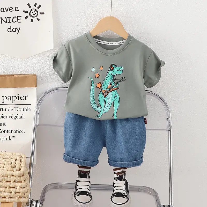 Boys Dinosaur Print Summer Suit Cream Blue Shorts - Image 2