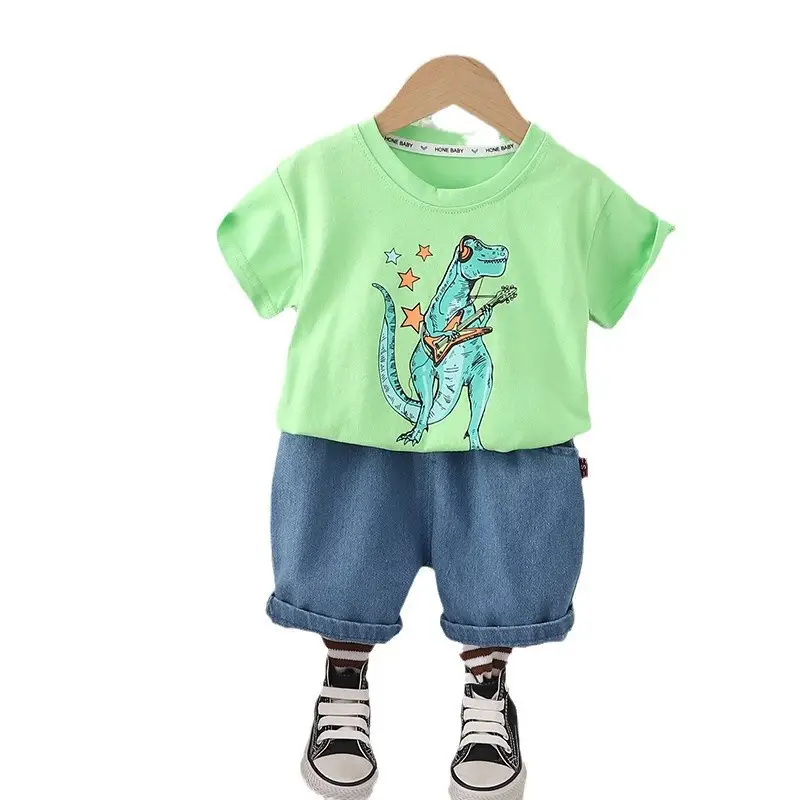 Boys Dinosaur Print Summer Suit Cream Blue Shorts - Image 5