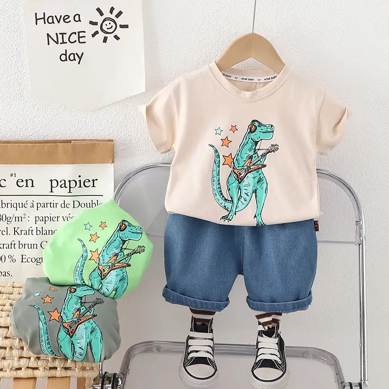Boys Dinosaur Print Summer Suit Cream Blue Shorts — feature 2