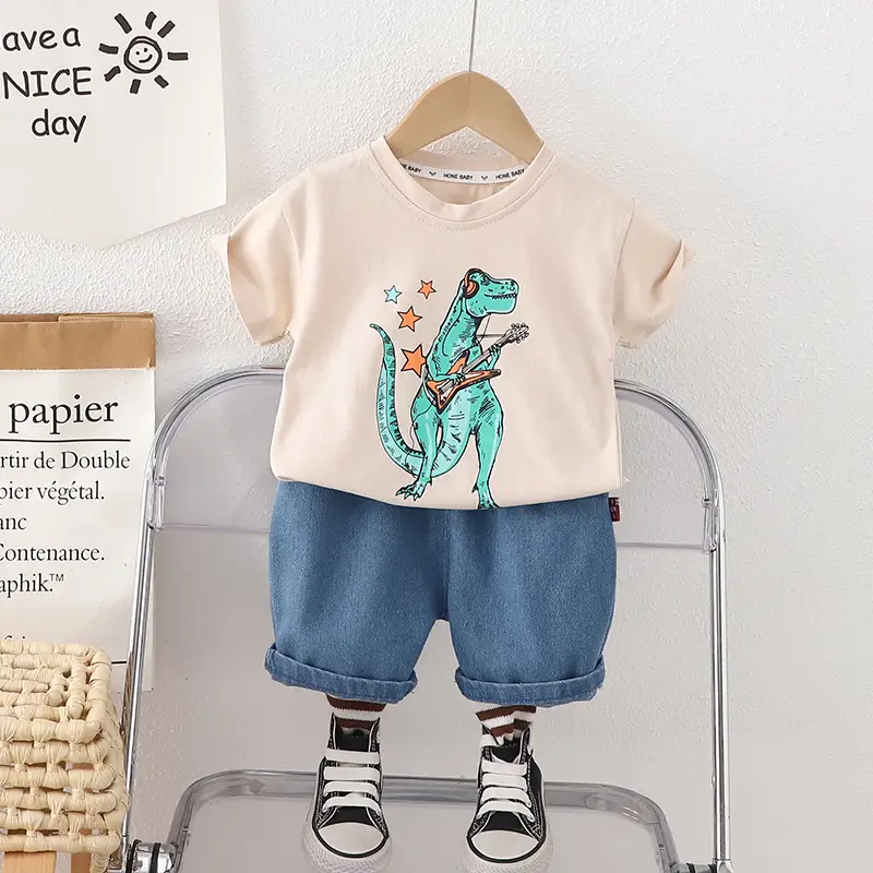Boys Dinosaur Print Summer Suit Cream Blue Shorts — feature 3