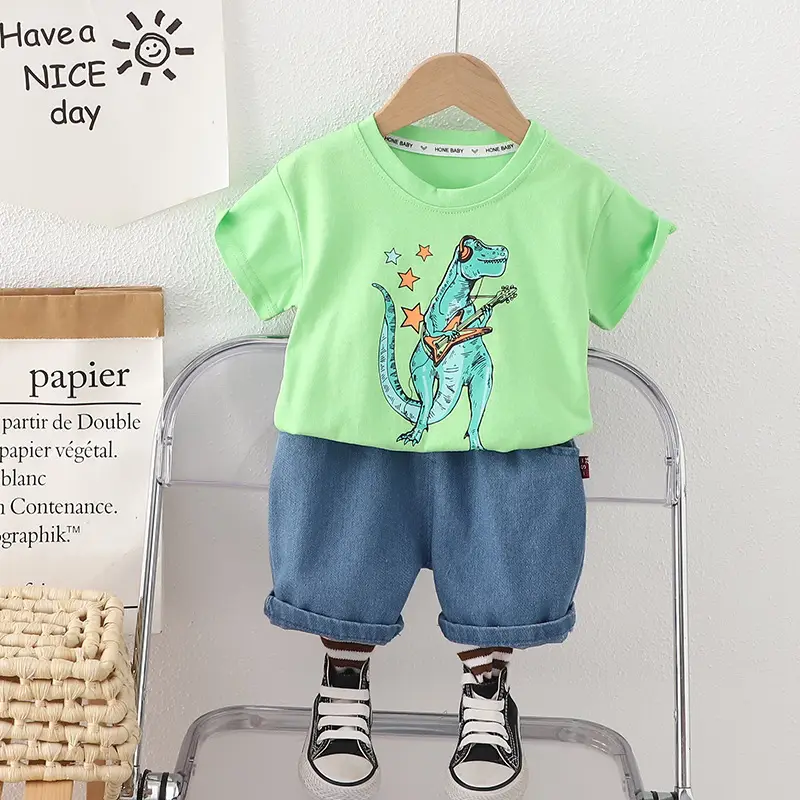 Boys Dinosaur Print Summer Suit Cream Blue Shorts — feature 5