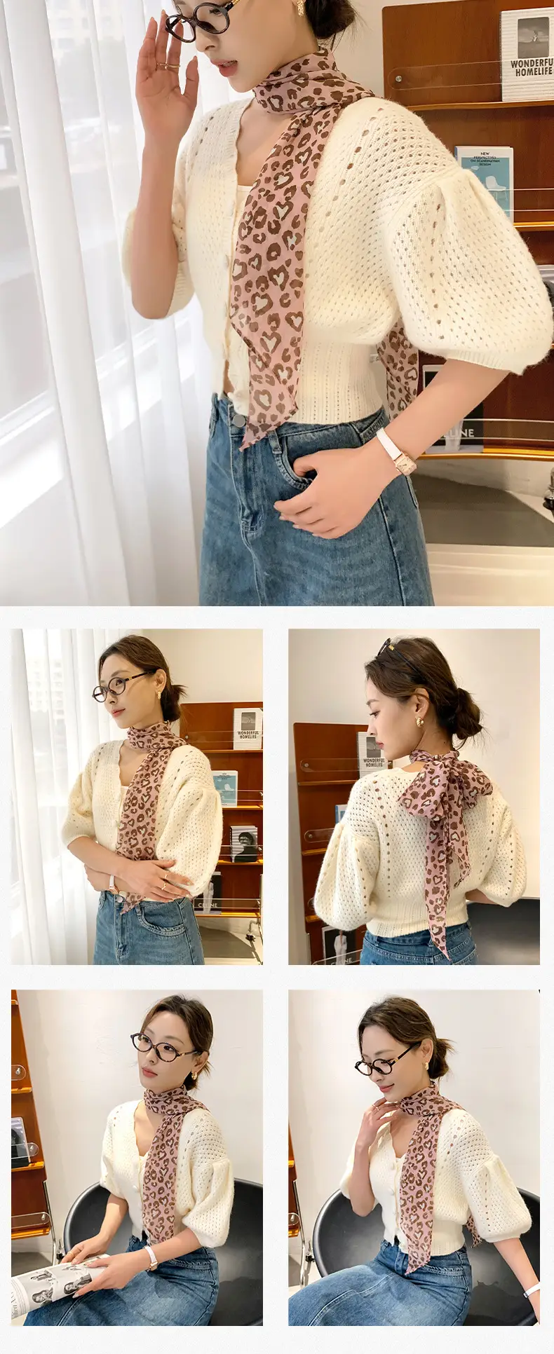 French Style Long Poll Dot Georgette Scarf Brown — feature 12