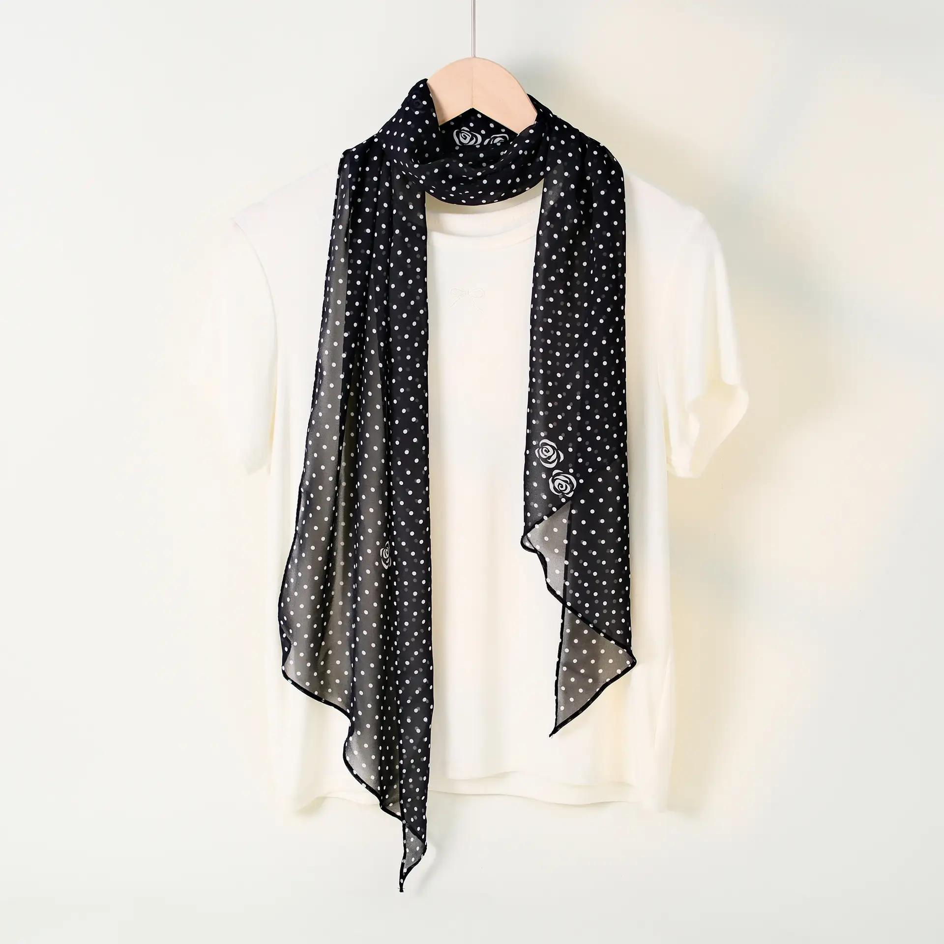 French Style Long Poll Dot Georgette Scarf Brown - Image 5