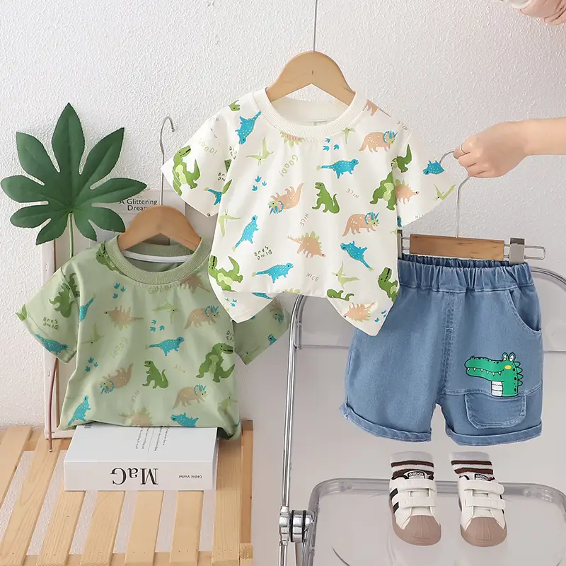 Children's Dinosaur Print Cotton T-Shirt & Shorts Set — feature 2