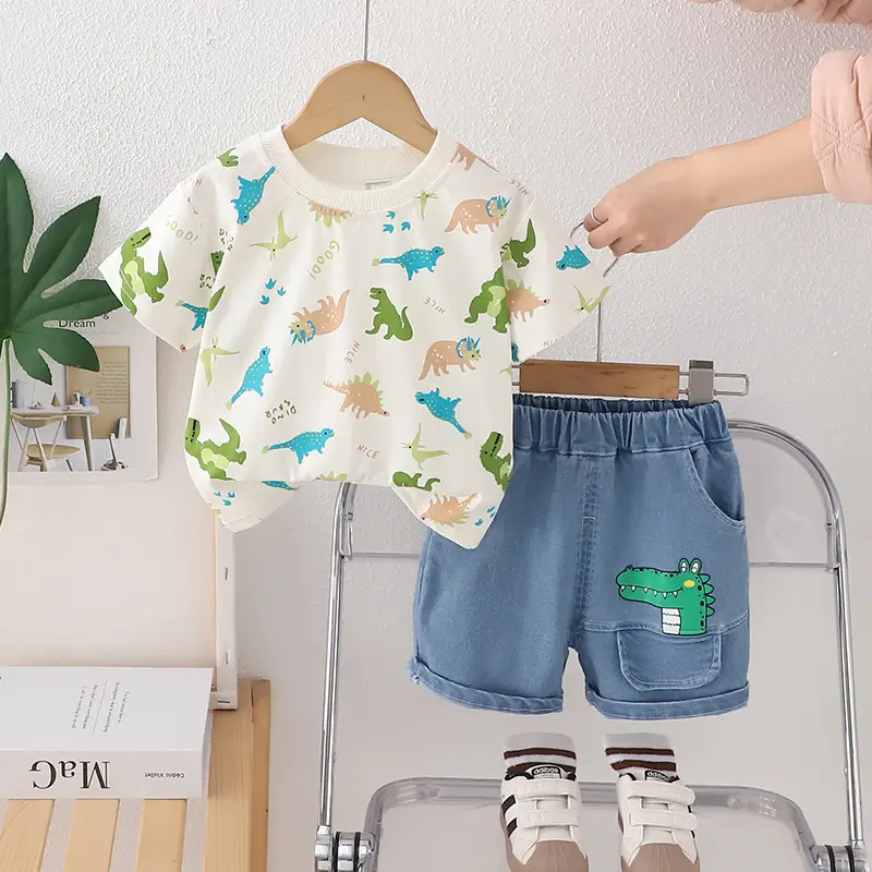 Children's Dinosaur Print Cotton T-Shirt & Shorts Set — feature 3