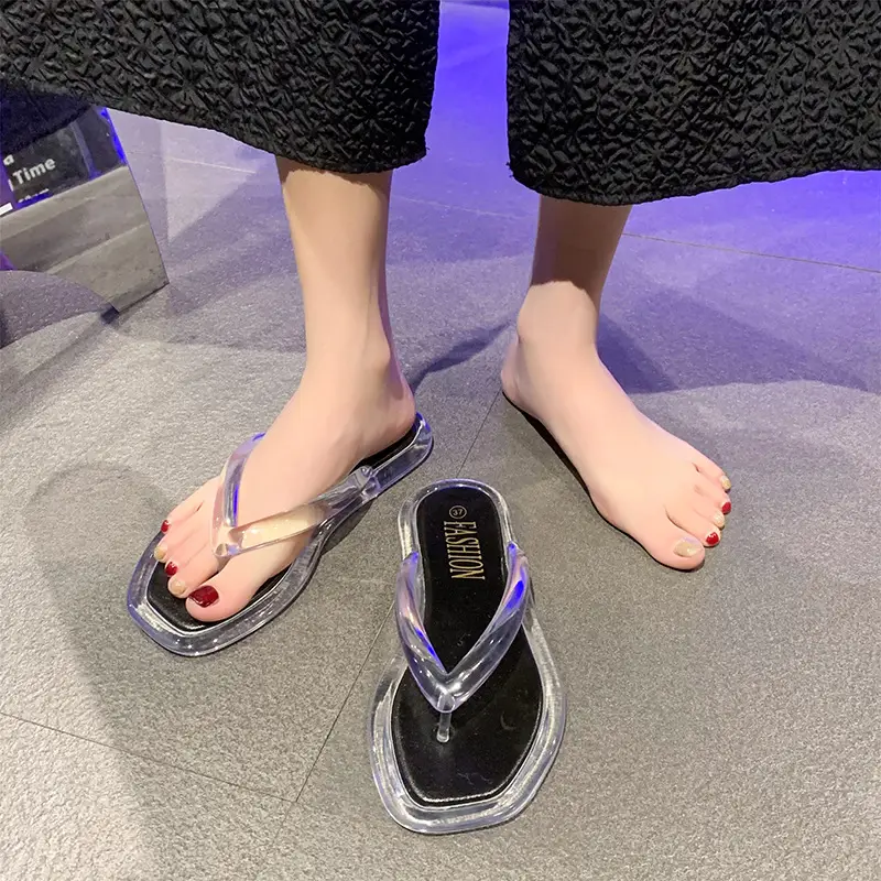 Cross-border Korean-style Internet-famous beach flip-flops Joker Jelly Outer Wear Transparent Double Color Slippers for Women