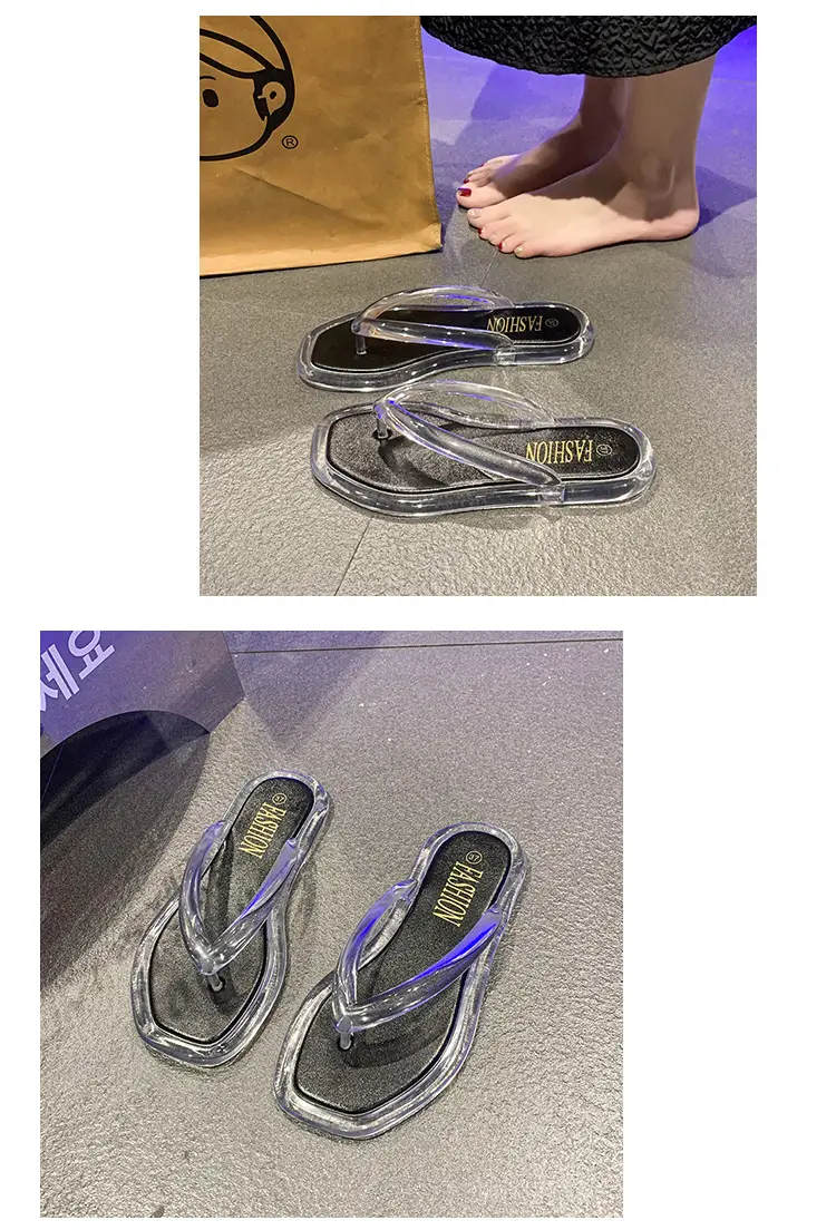 Cross-border Korean-style Internet-famous beach flip-flops Joker Jelly Outer Wear Transparent Double Color Slippers for Women — feature 12