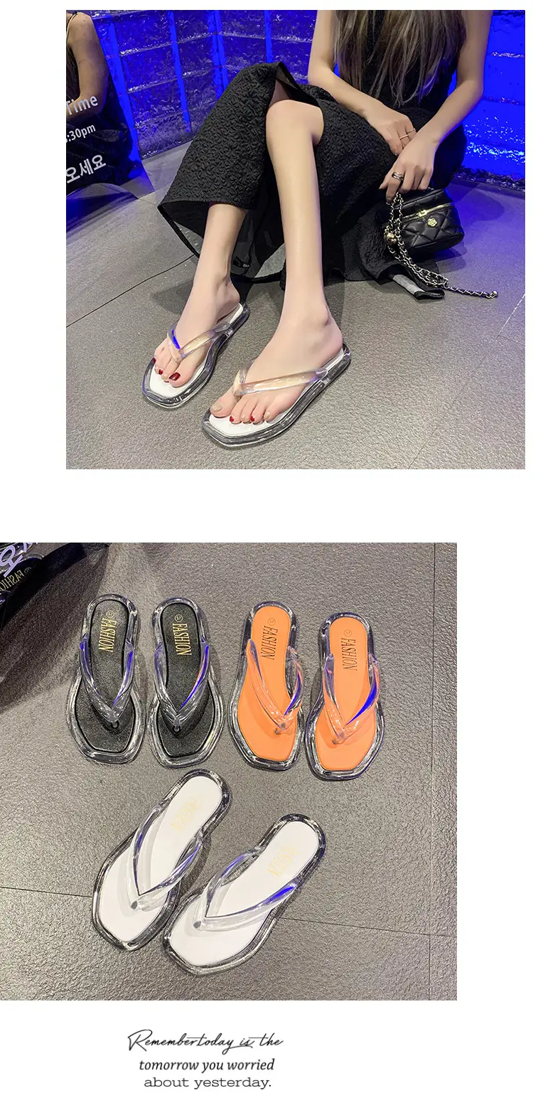 Cross-border Korean-style Internet-famous beach flip-flops Joker Jelly Outer Wear Transparent Double Color Slippers for Women — feature 14