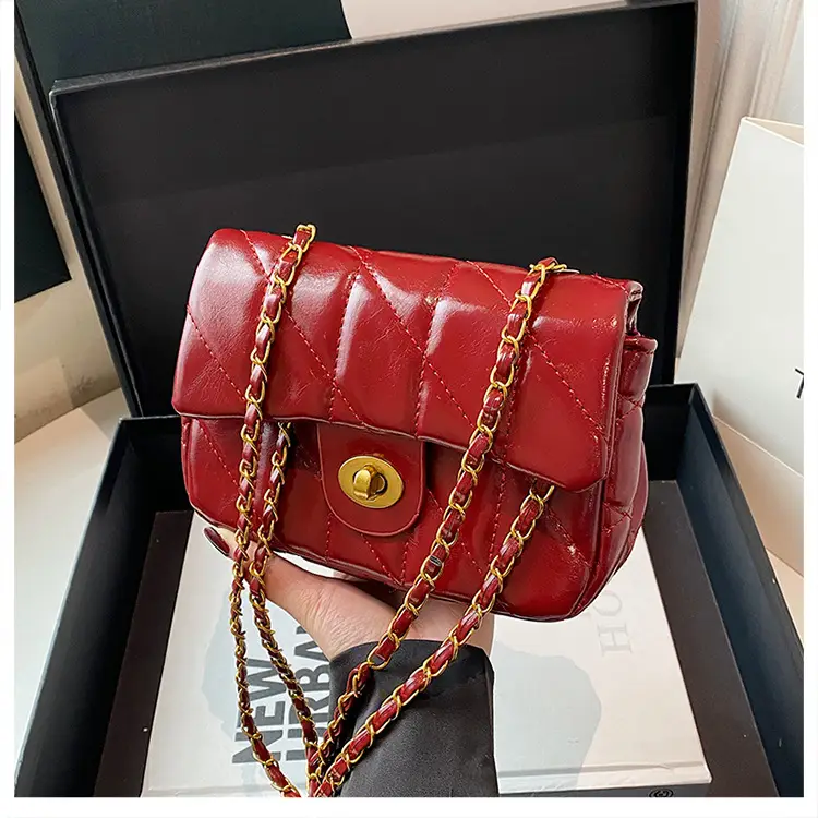 Women Rhombic Chain Shoulder Bag Red 2024 Winter - Image 5