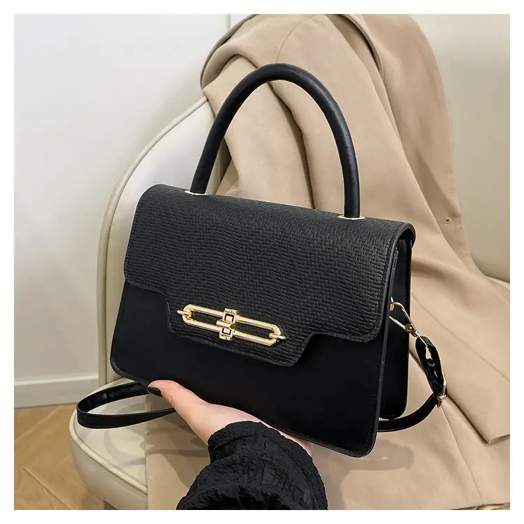 Women's Black Embroidered Shoulder Bag with Gold Clasp - Image 5