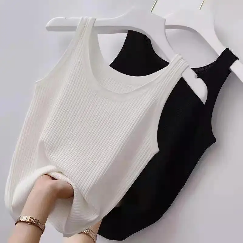 Women's Ribbed Camisole, Ice Silk, Plus Size, Slim Fit, Outerwear, Inner Layer, Sleeveless Top, Tight-Fitting Tank Top Style