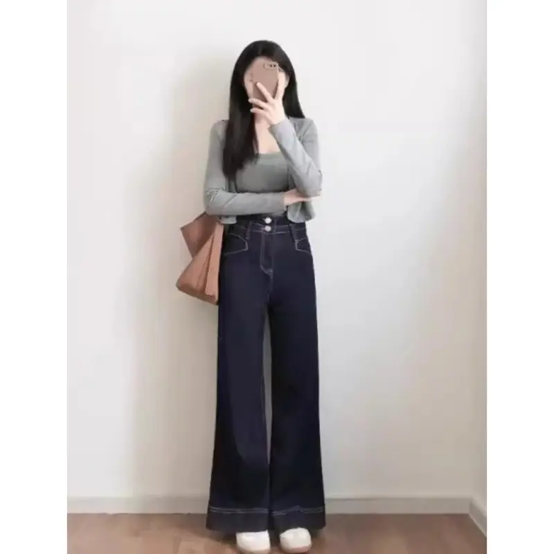 Women High Waist Slimming Jeans Dark Blue Loose Flare
