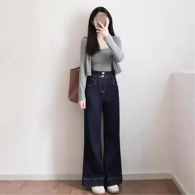 Women High Waist Slimming Jeans Dark Blue Loose Flare
