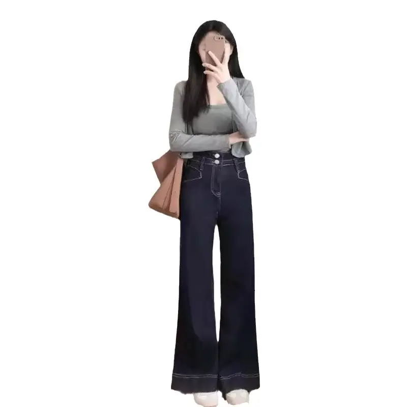 Women High Waist Slimming Jeans Dark Blue Loose Flare