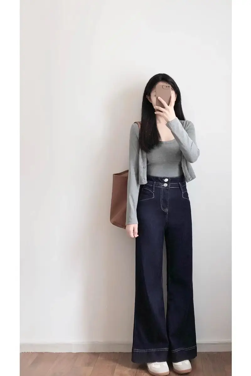 Women High Waist Slimming Jeans Dark Blue Loose Flare — feature 5