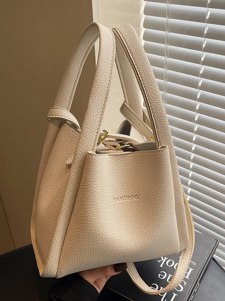 Beige Crossbody Handbag with Litchi Pattern for Women