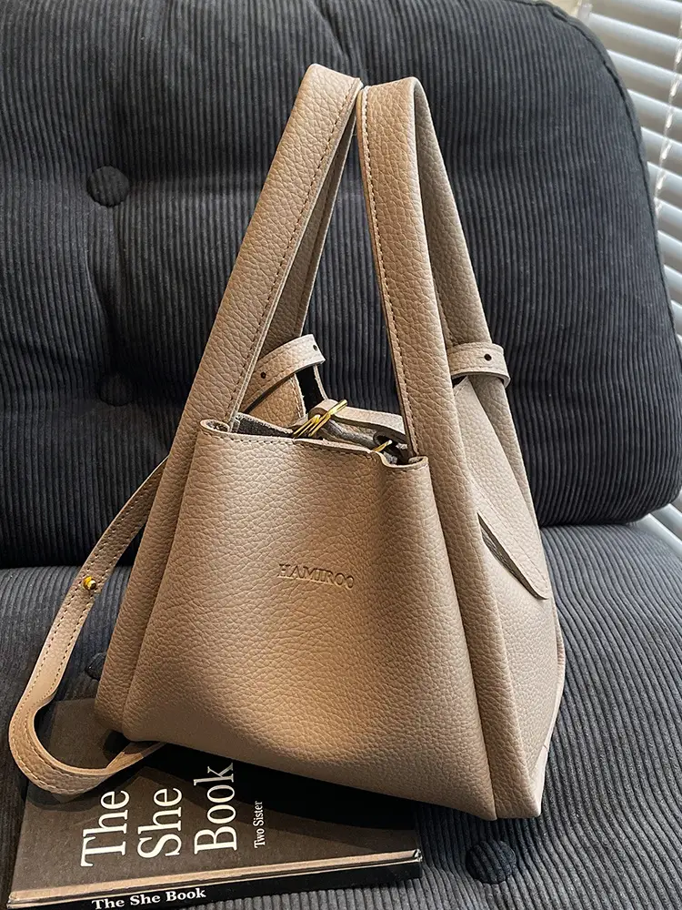 Beige Crossbody Handbag with Litchi Pattern for Women