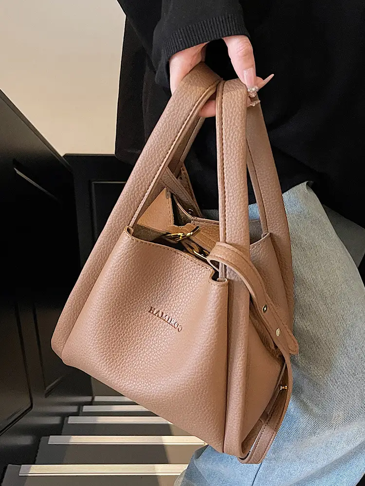 Beige Crossbody Handbag with Litchi Pattern for Women