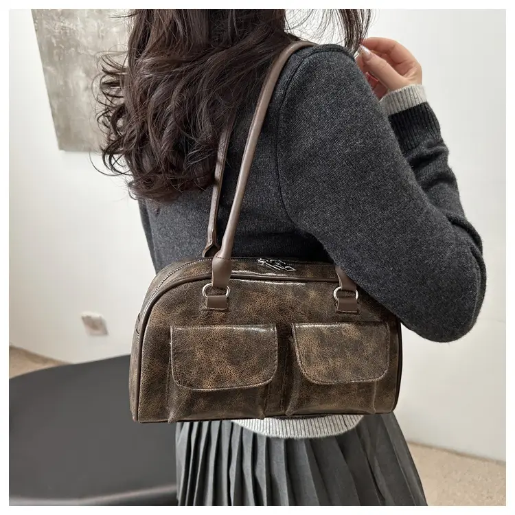 Women's Brown Embroidered Shoulder Bag with 3 Pockets — feature 6