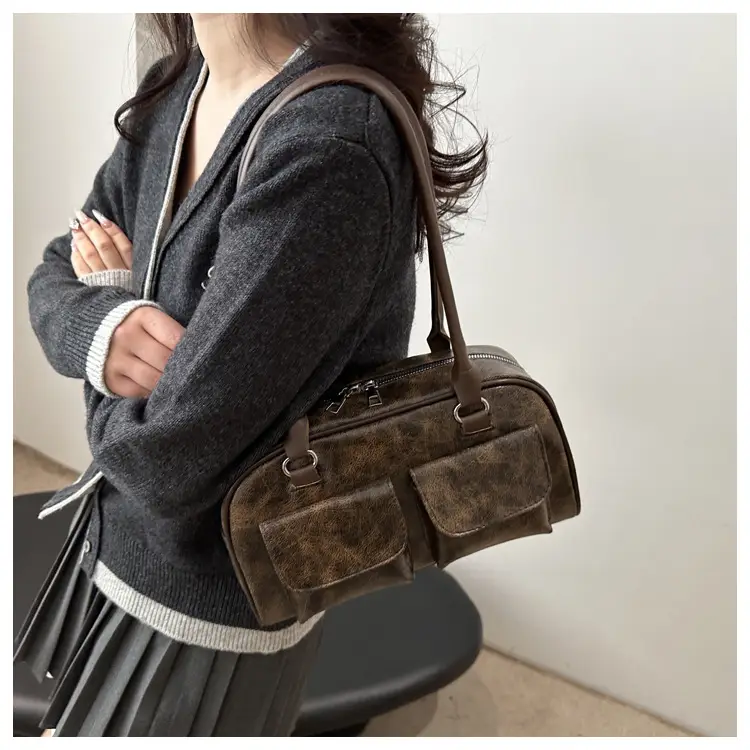 Women's Brown Embroidered Shoulder Bag with 3 Pockets — feature 8