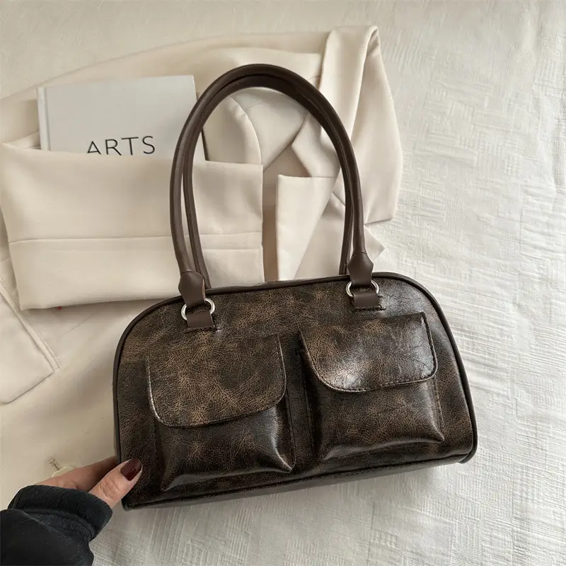 Women's Brown Embroidered Shoulder Bag with 3 Pockets