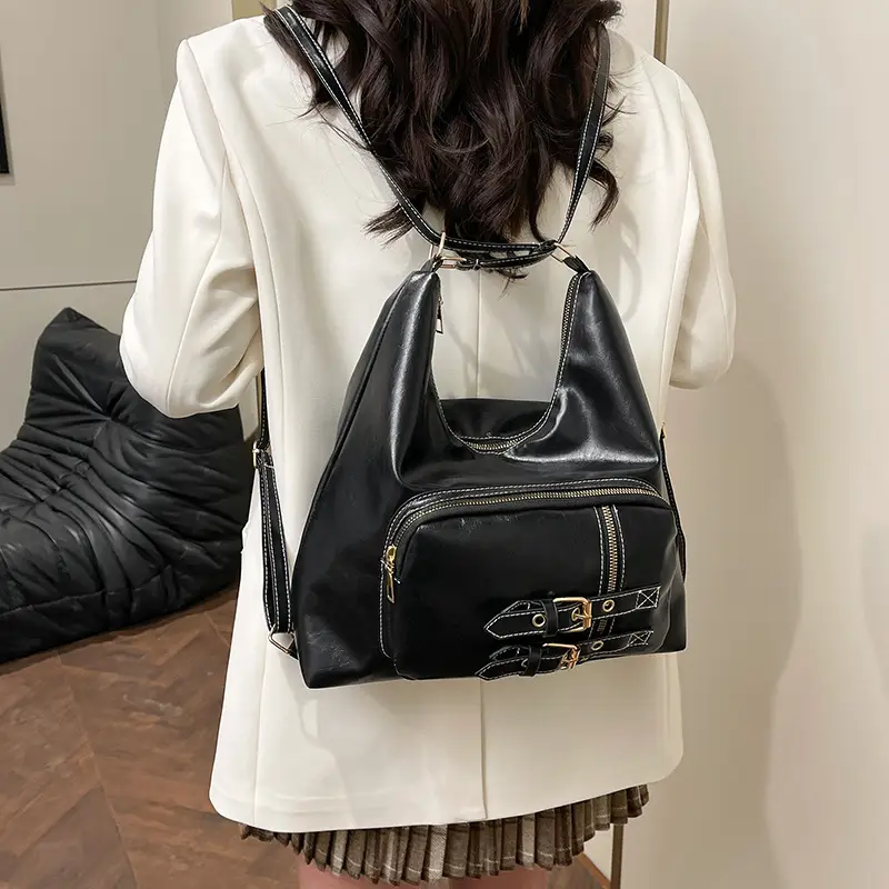 New Women's Brown Leather Shoulder Bag with Buckle Decor - Image 5