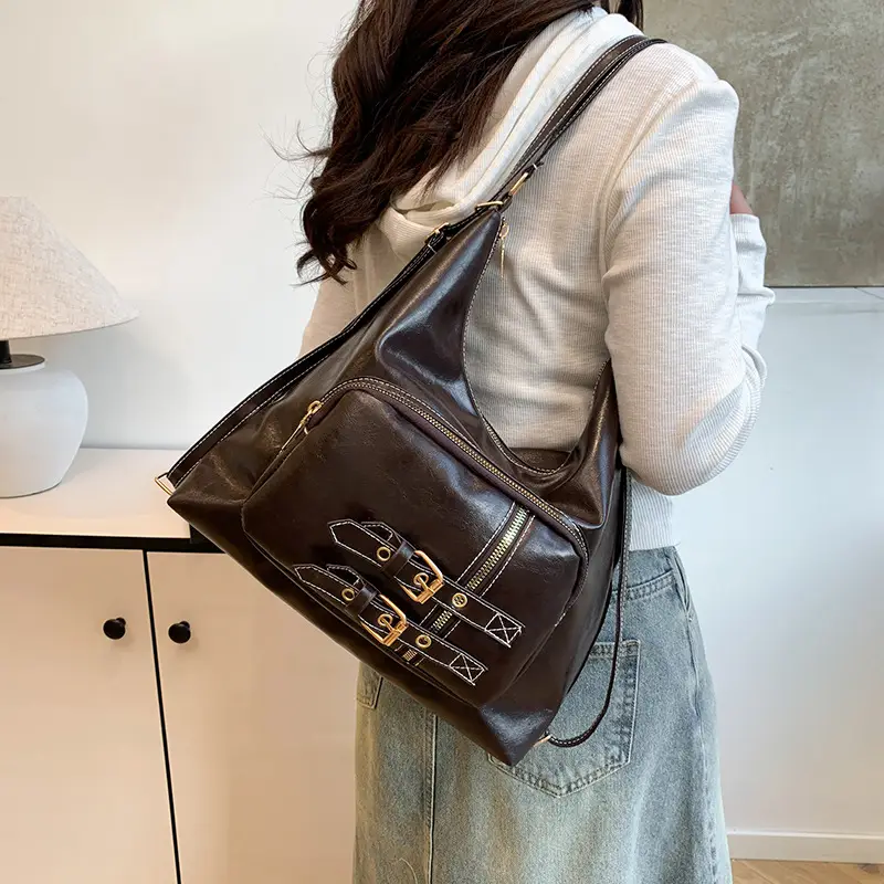 New Women's Brown Leather Shoulder Bag with Buckle Decor - Image 6
