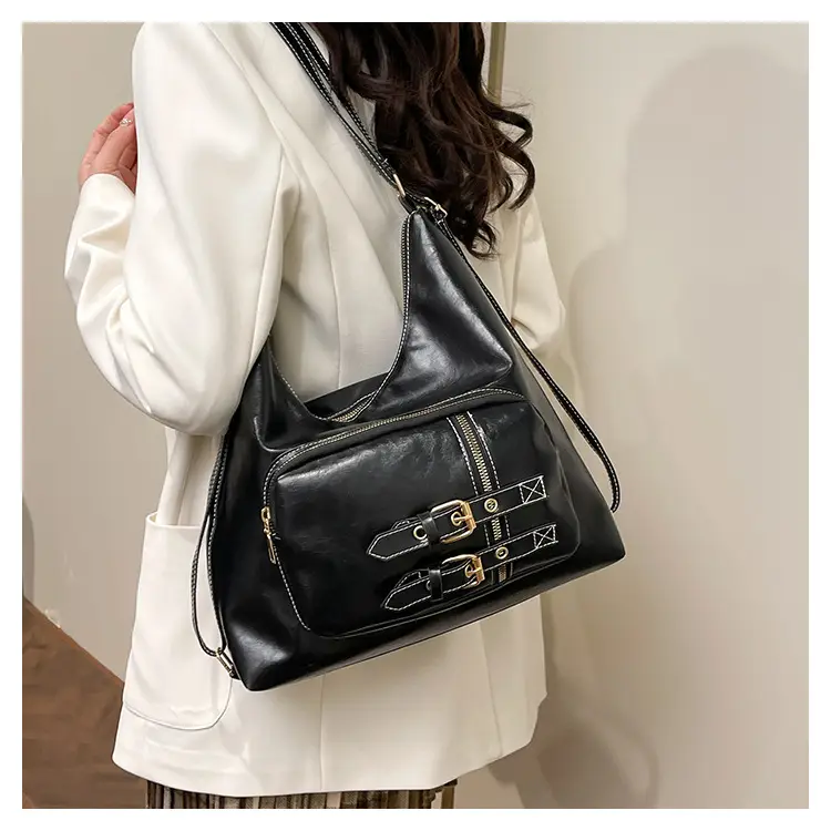 New Women's Brown Leather Shoulder Bag with Buckle Decor — feature 17